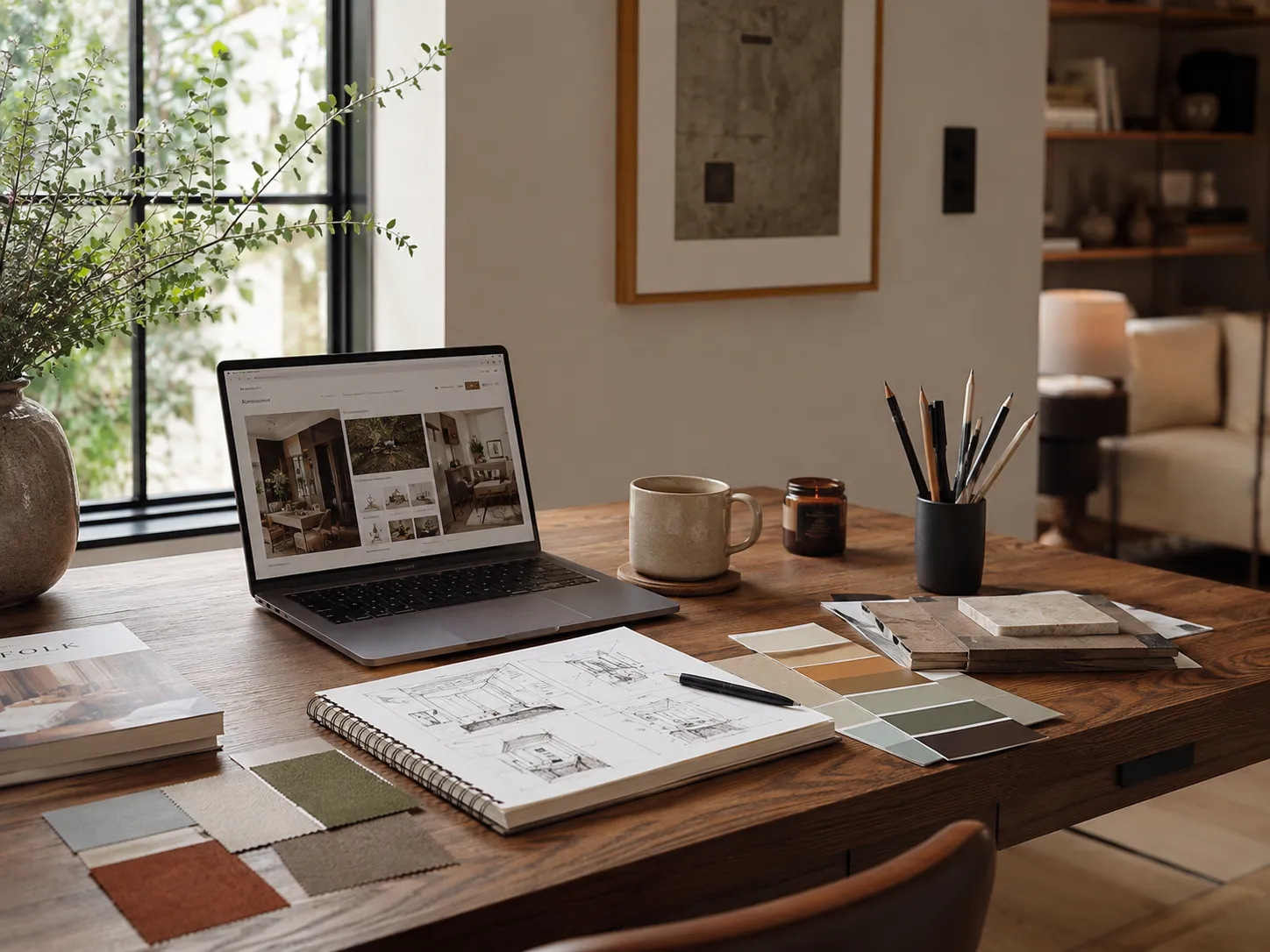 A cozy modern interior workspace with a laptop.