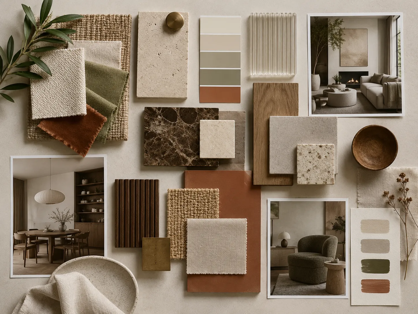 Interior moodboard featuring various material samples.
