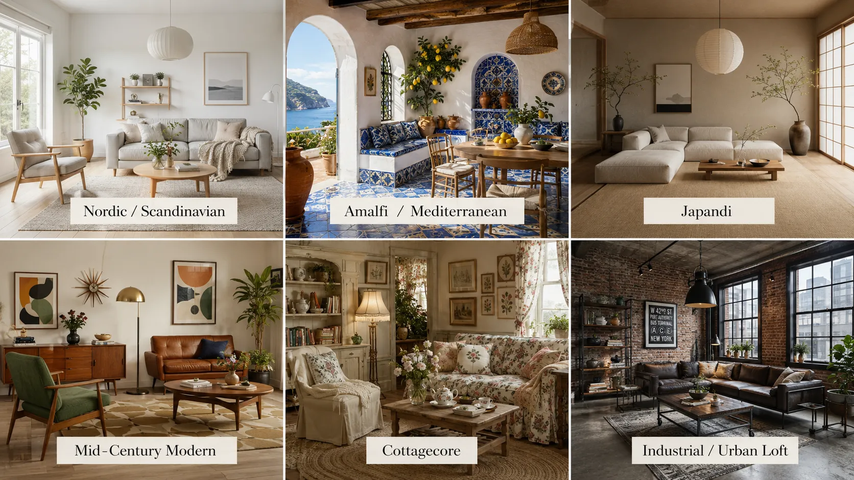 A split collage of 6 rooms.
