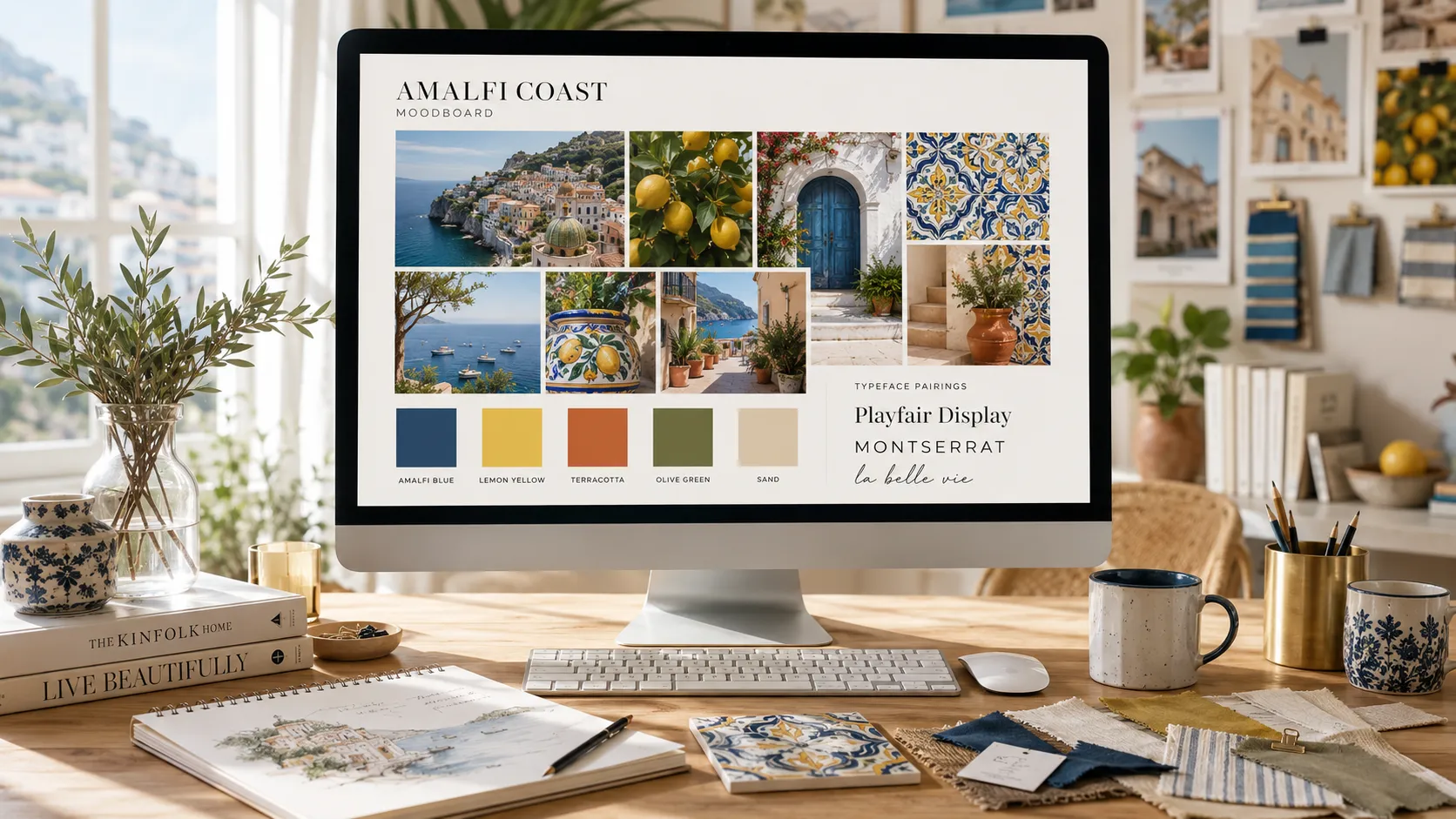 A digital moodboard mockup featuring Amalfi imagery.