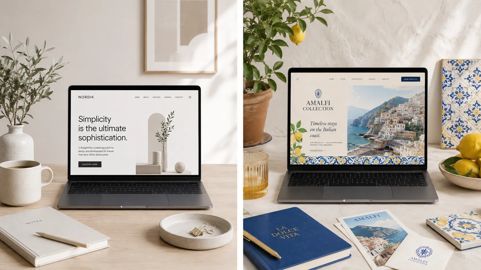 Side-by-side mockups showing two different digital projects.